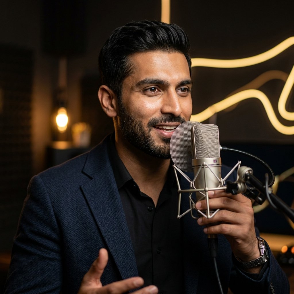 Confident man speaking on microphone